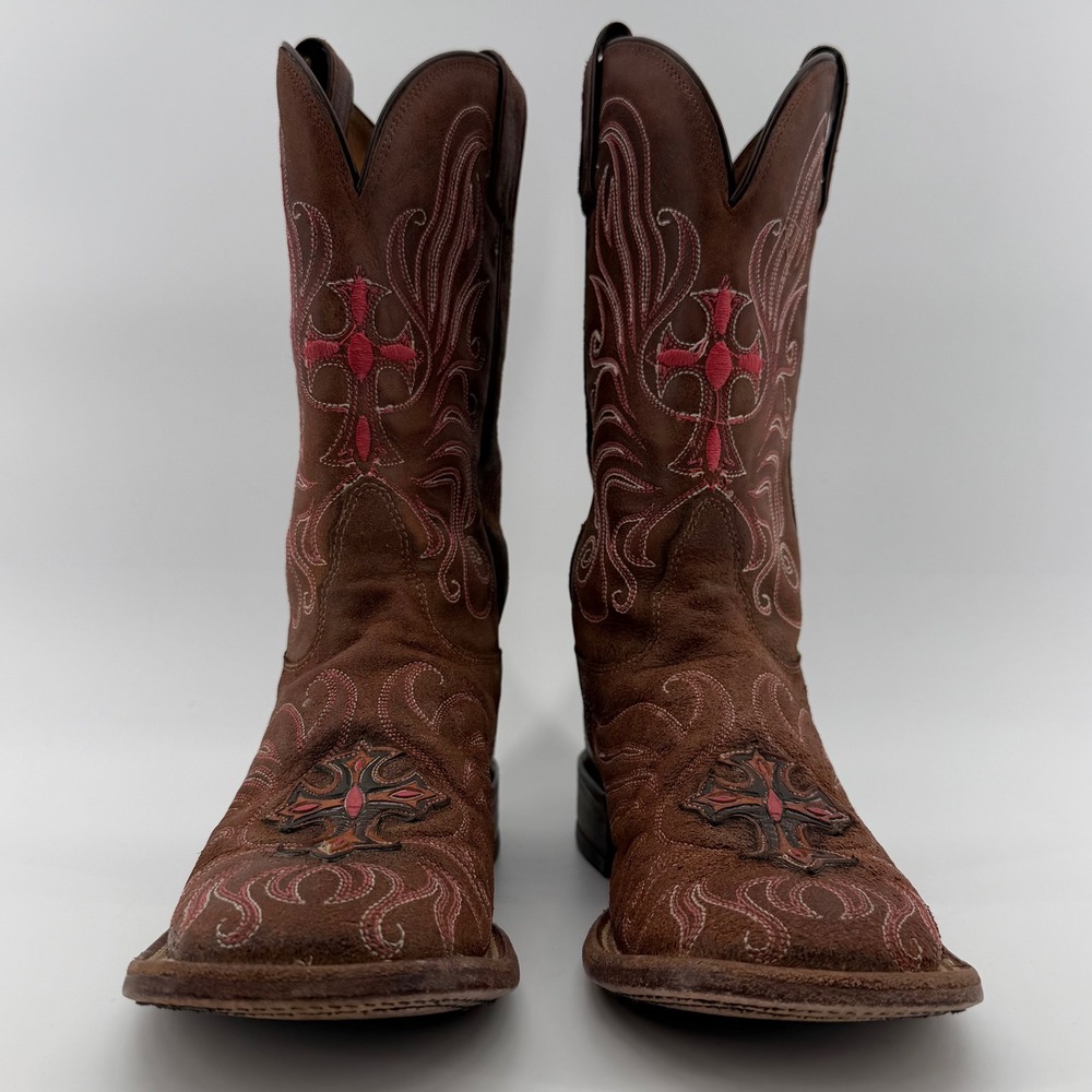 Tony Lama Women's 6.5 B Brown Western Cowboy Boots Square Toe Cross Embroidery - Picture 4 of 9